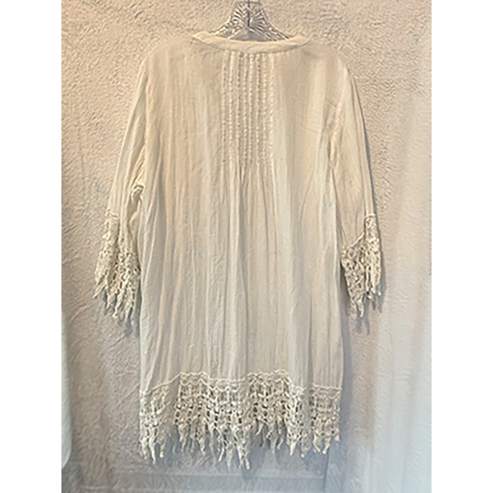 Blue Island White Cotton Lace Blouse Large Boho Button Front Crochet Trim - Picture 2 of 12